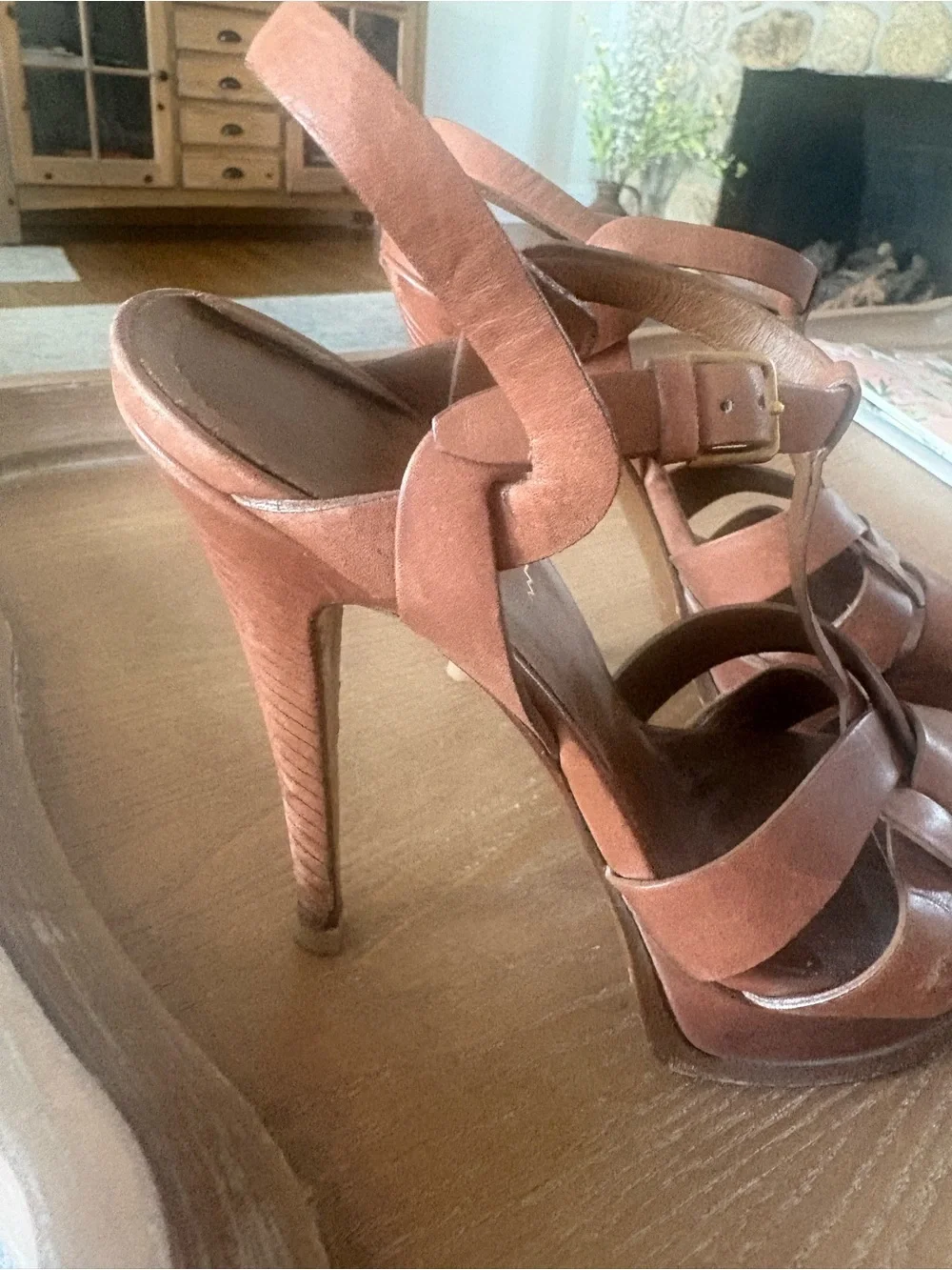 Women's Brown Leather T-Strap Woven Platform Sandals